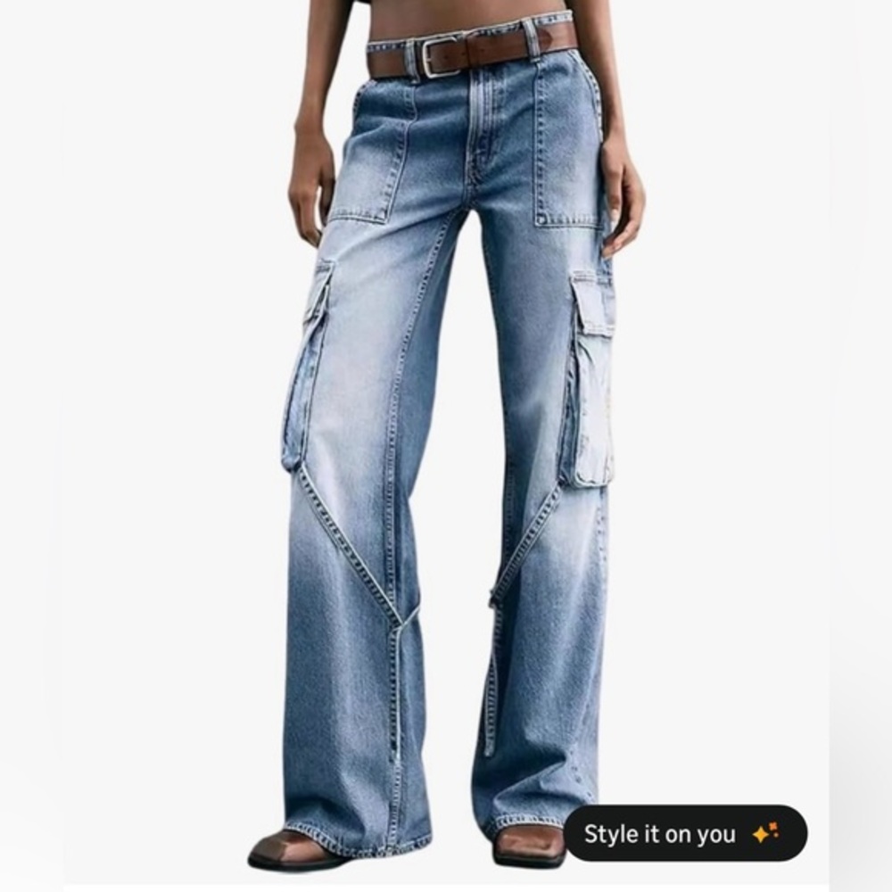 Women's Distressed Cargo Jeans with Multiple Pockets Denim Pants TC4-8 L